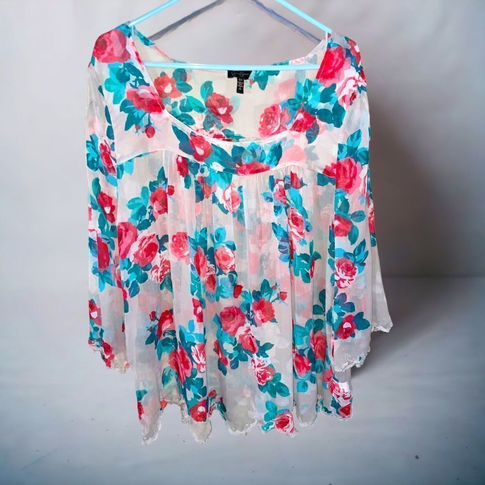 Jessica Simpson l Gray Sheer Floral Blouse l 2X l